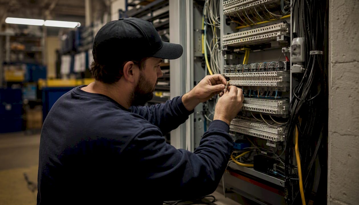 Technician wiring telephone panel