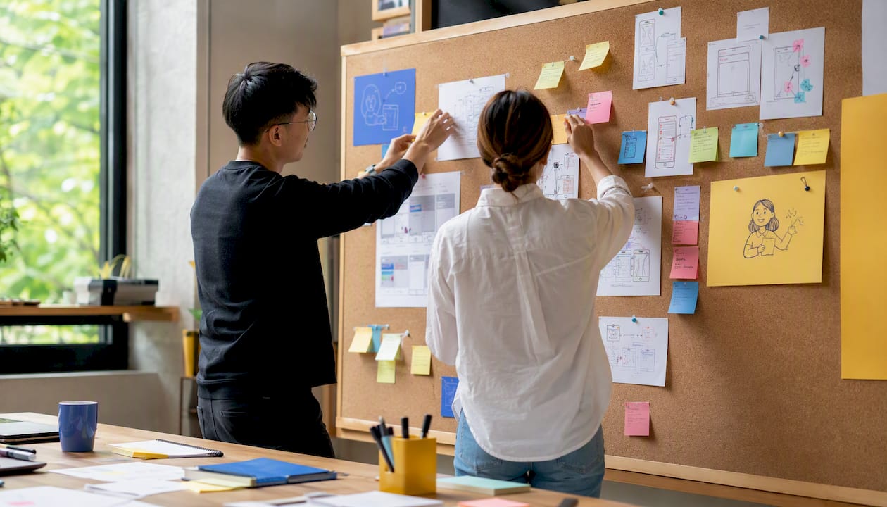 Hands sketching LinkedIn ad concepts on whiteboard