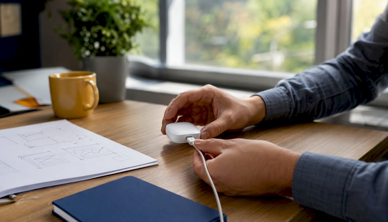 Hand adjusting device cable on desk