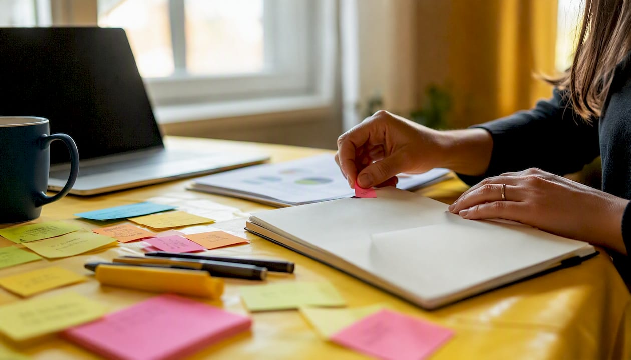 Hand placing sticky note on desk with markers
