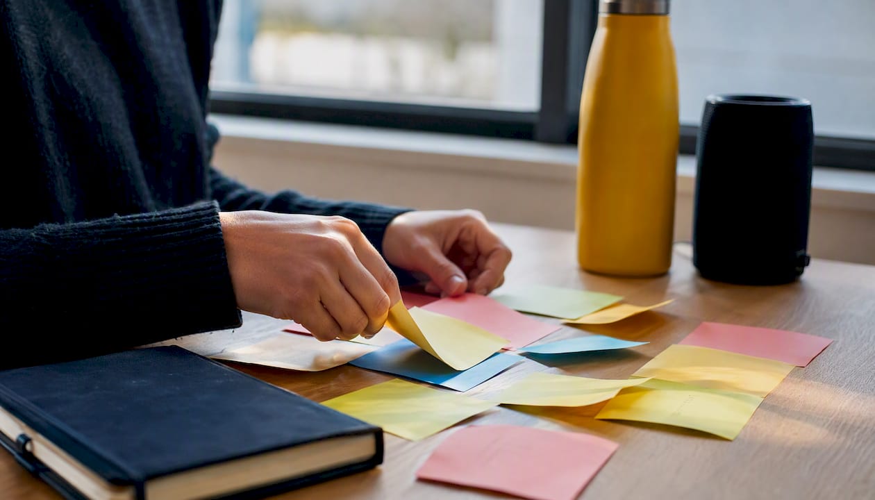 Hands organizing content strategy cards on desk