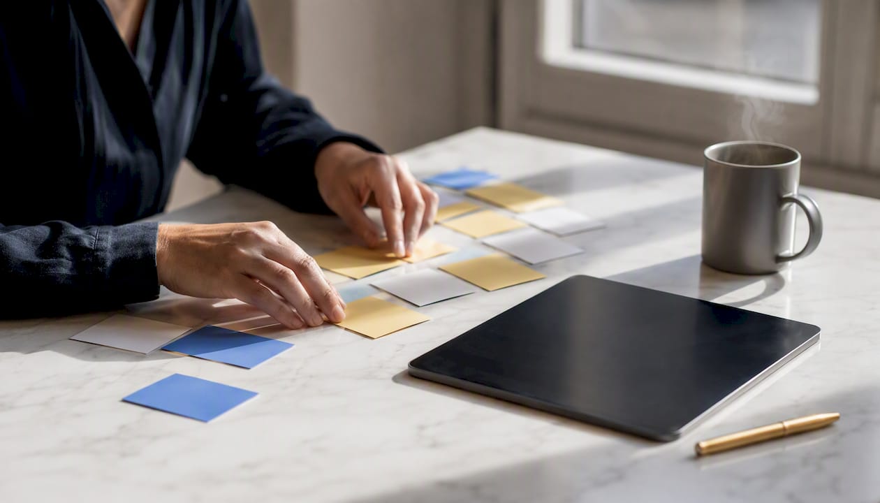 Envision Marketing Agency | B2B Content Marketing Strategy: A 2026 Playbook Hands organizing content brief cards on desk