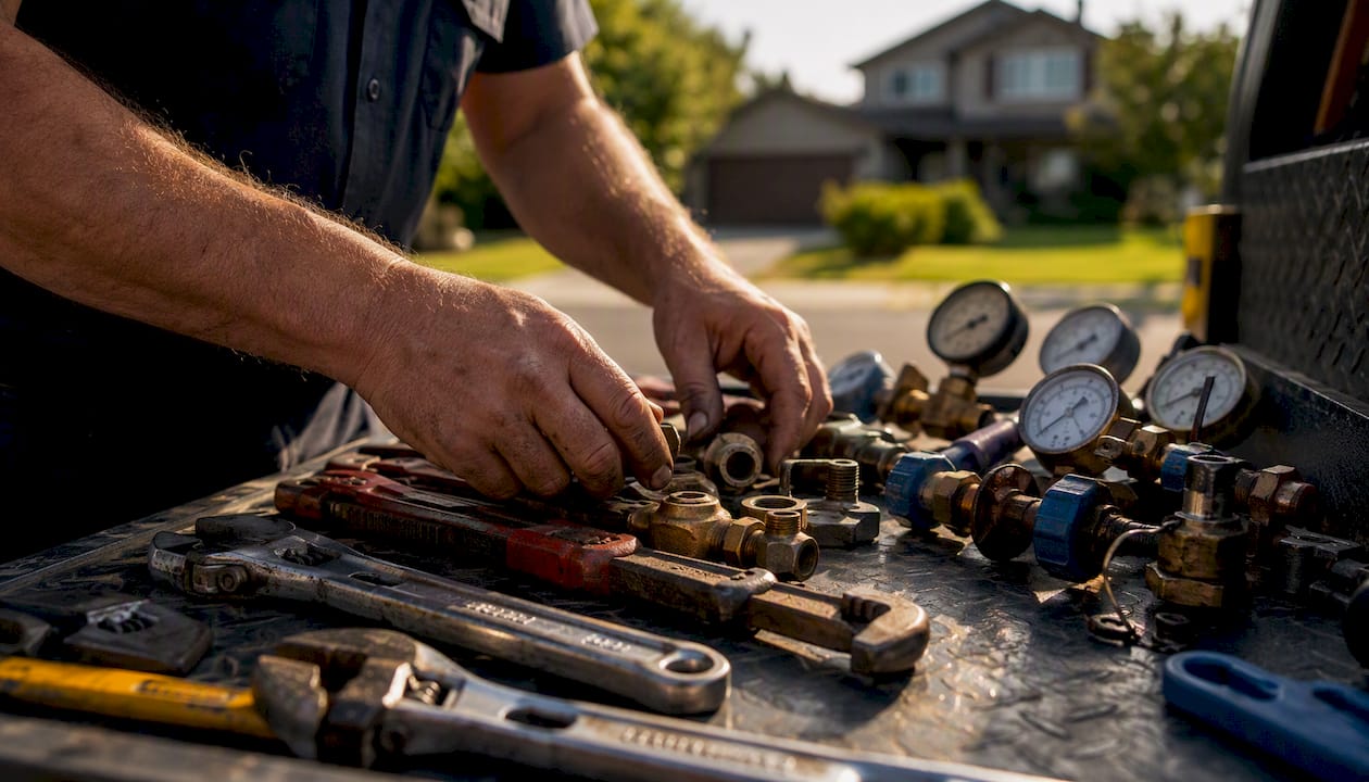 Hands holding plumbing tools outdoors