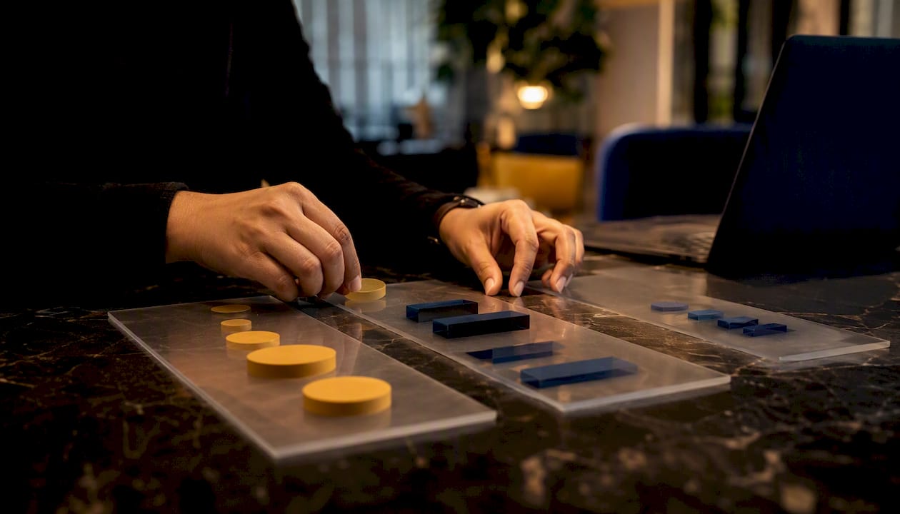 Hands adjusting abstract bid and ranking shapes on glass