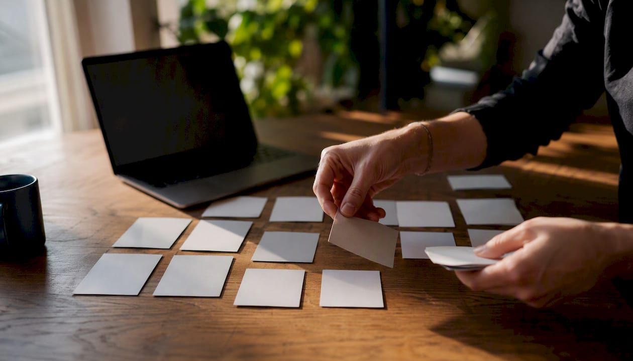 Hands sorting keyword cards for ad groups