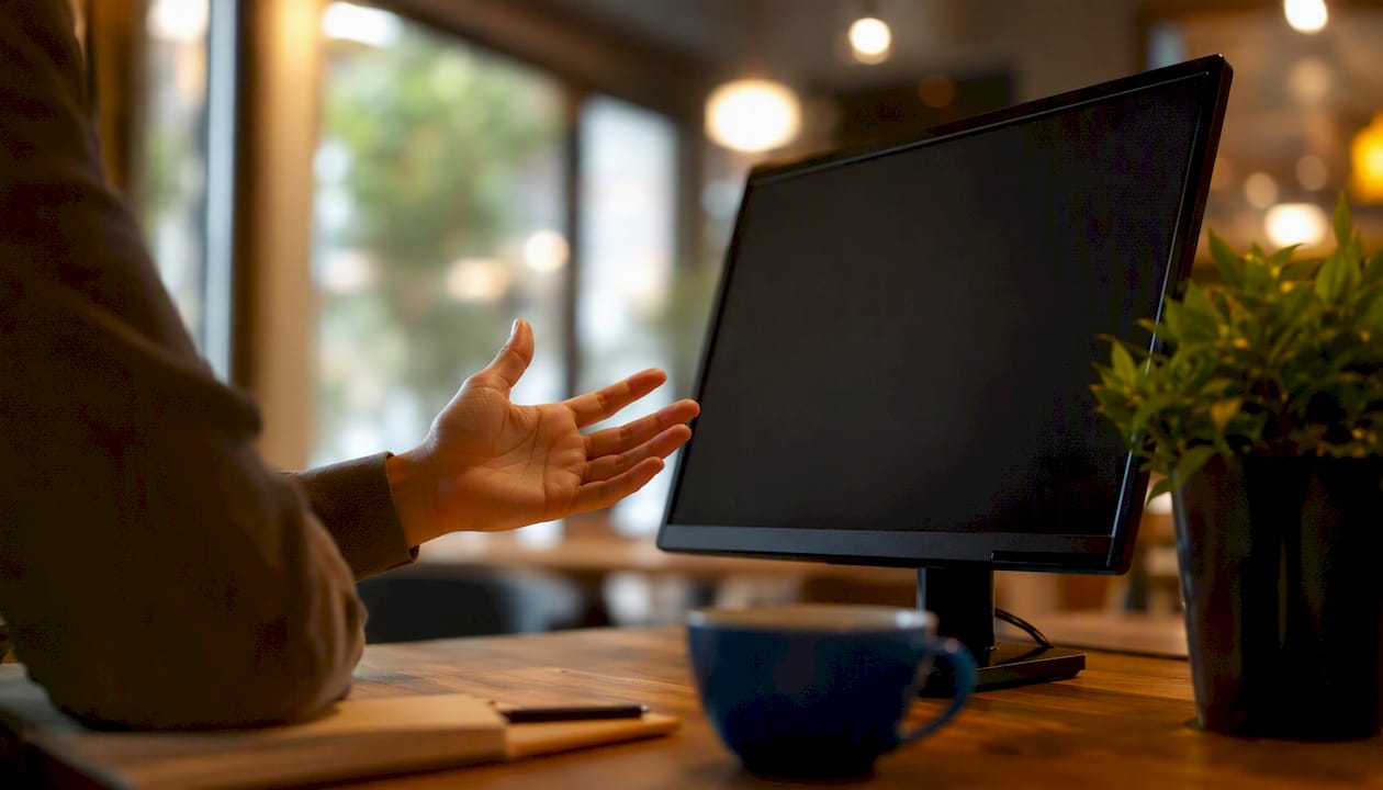 Hand near dark monitor representing review risk screening