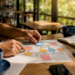 Hands arranging email workflow cards on corkboard