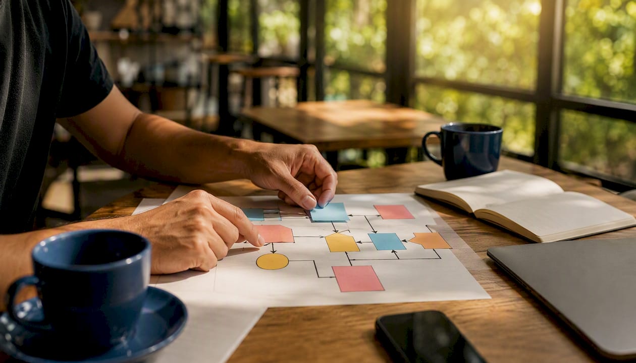 Hands arranging email workflow cards on corkboard