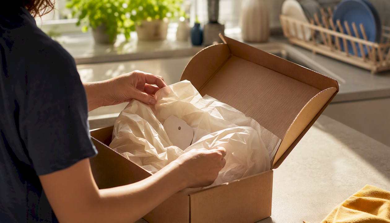 Hands unboxing a generic ecommerce delivery box