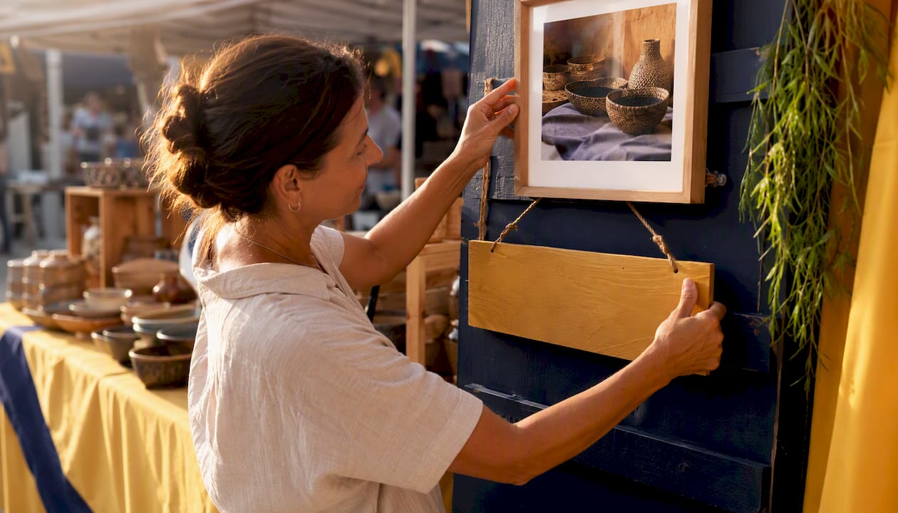 Business owner placing photo and sign in storefront