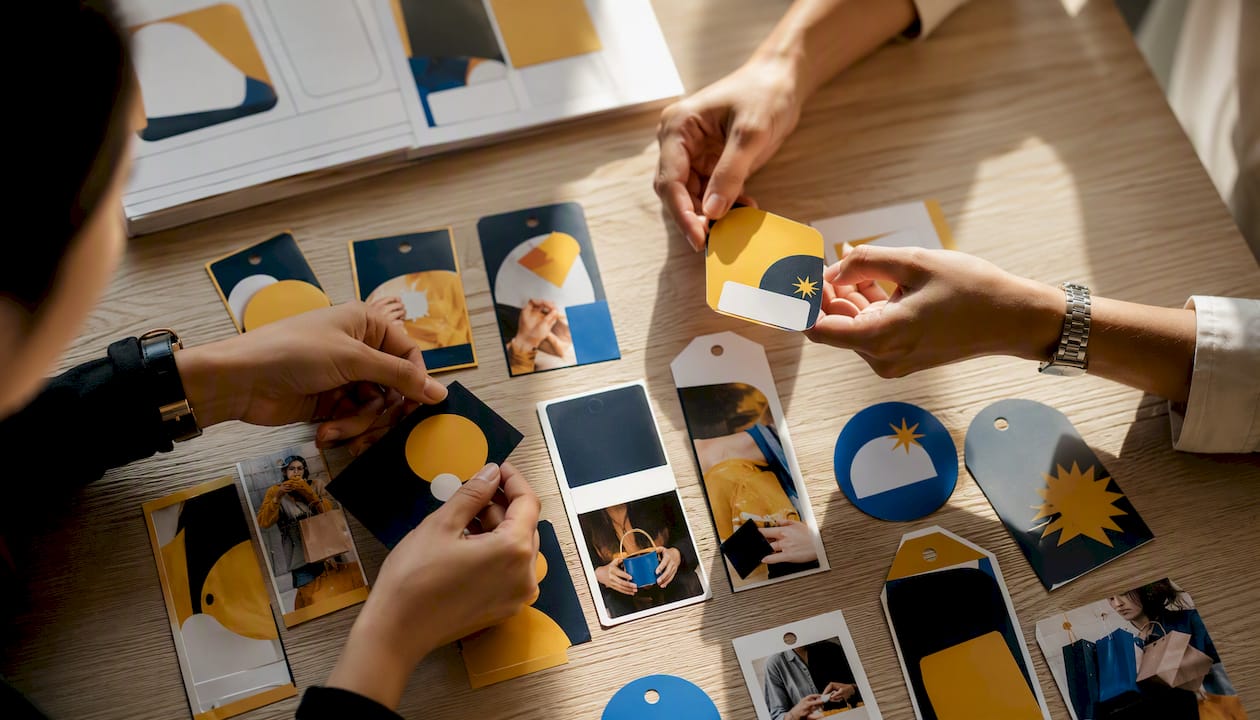 Hands arranging mockups of local ad formats