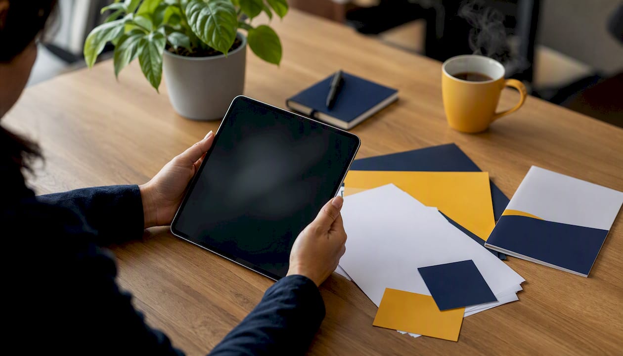 Hands preparing review-based ad creative at desk