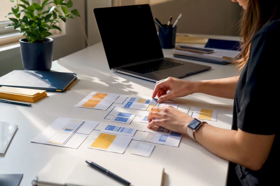 Hands arranging multi-location business site map