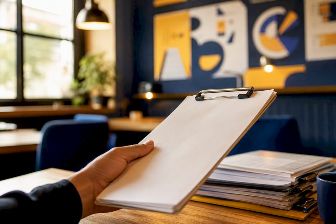 Hand holding clipboard with blurred charts