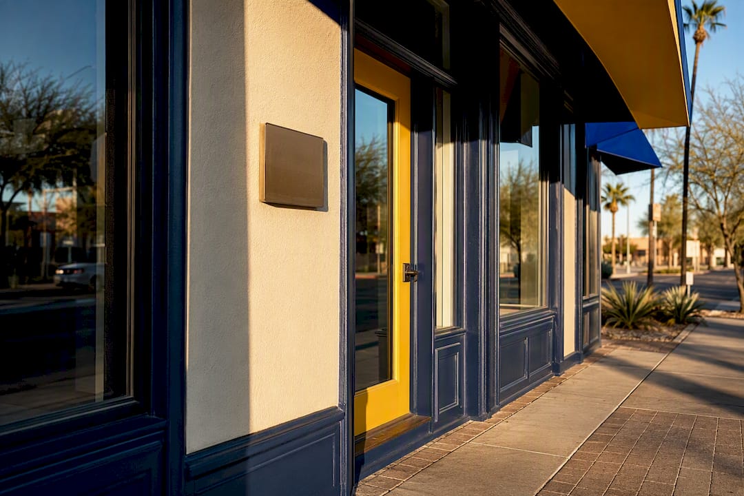Phoenix storefront with address plaque
