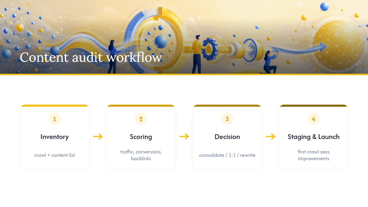 Content audit scoring and consolidation workflow